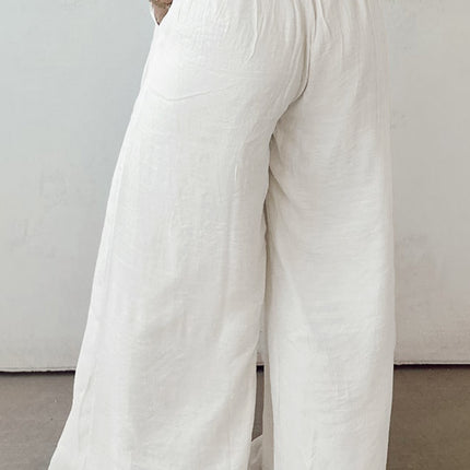 White Solid Drop Waist Pleated Wide Leg Casual Pants