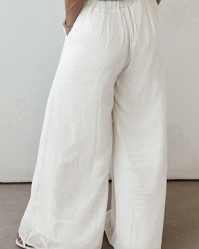 White Solid Drop Waist Pleated Wide Leg Casual Pants