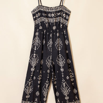 Black Spaghetti Straps Elastic Waist Loose Ethnic Print Jumpsuit