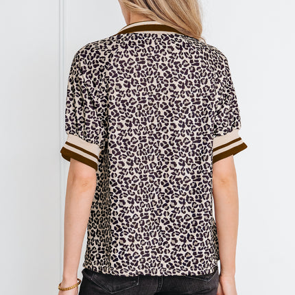 Khaki Leopard Print Half Zip Striped Trim Patchwork Short Sleeve Top