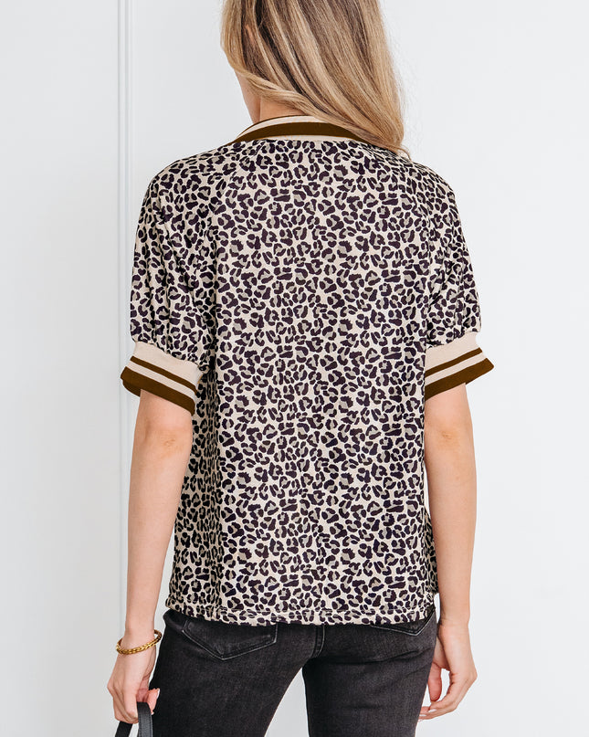 Khaki Leopard Print Half Zip Striped Trim Patchwork Short Sleeve Top