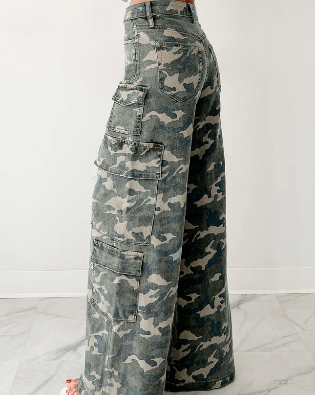Green Camo Denim Cargo Wide Leg Pants