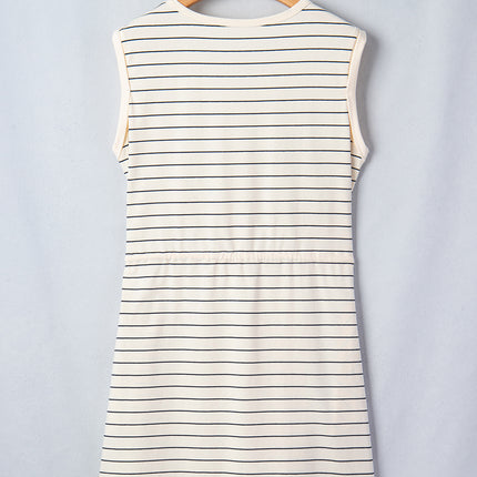 Beige Stripe Drawstring Tunic Tank Mini Dress with Pockets