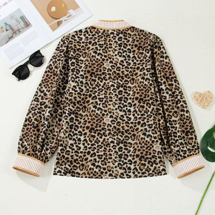 Khaki Contrast Striped Trim V Neck Leopard Shirt