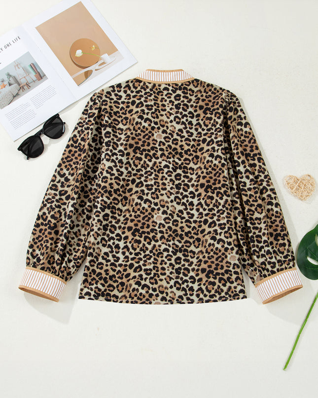 Khaki Contrast Striped Trim V Neck Leopard Shirt