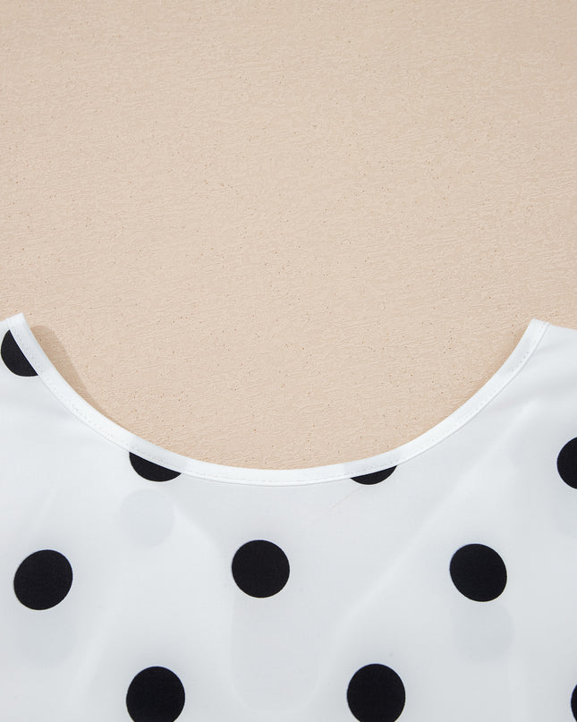 White Polka Dot Print Round Neck Frilled Long Sleeve Blouse