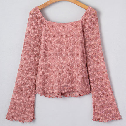 Peach Blossom Drawstring Knot Detail Floral Lace Blouse