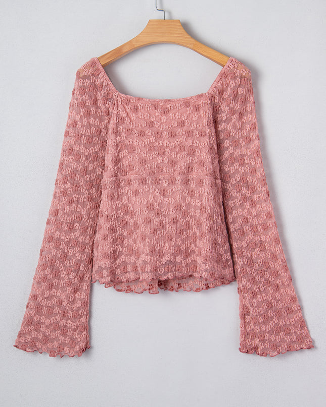Peach Blossom Drawstring Knot Detail Floral Lace Blouse