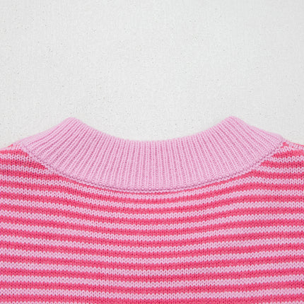 Gray Stripe Contrast Heart Pattern Valentine Knit Sweater