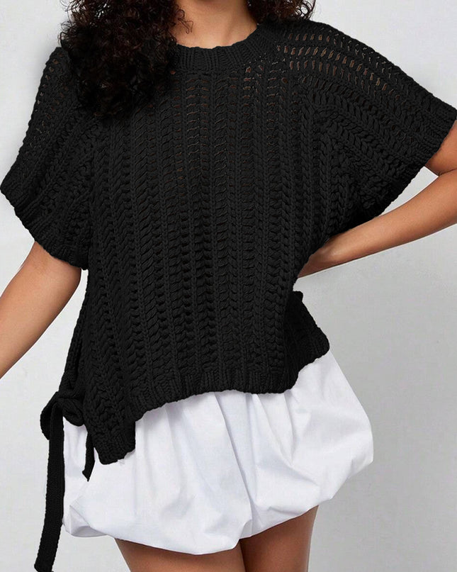 Apricot Plus Size Open Knit Bow Tie Short Sleeve Sweater