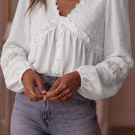 White Solid Color Floral Guipure Patchwork Frilled Long Sleeve Blouse
