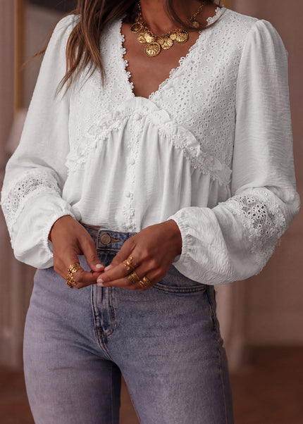 White Solid Color Floral Guipure Patchwork Frilled Long Sleeve Blouse