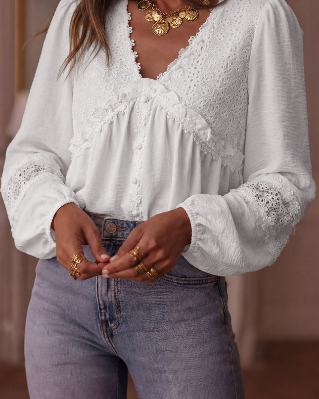 White Solid Color Floral Guipure Patchwork Frilled Long Sleeve Blouse