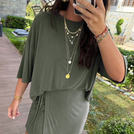Laurel Green Solid Color Oversize Tee Tie Wrap Mini Skort 2pcs Set