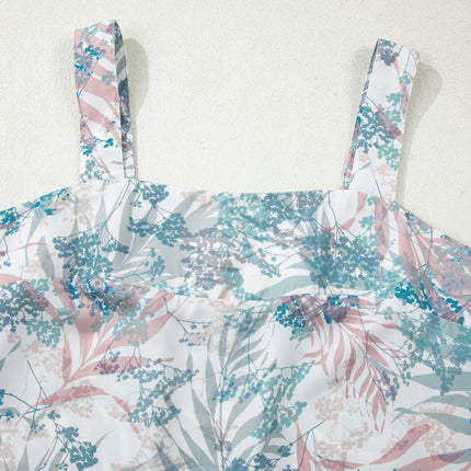 Green Tropical Palm Printed Cropped Tank Drawstring Wide Leg Pant Set