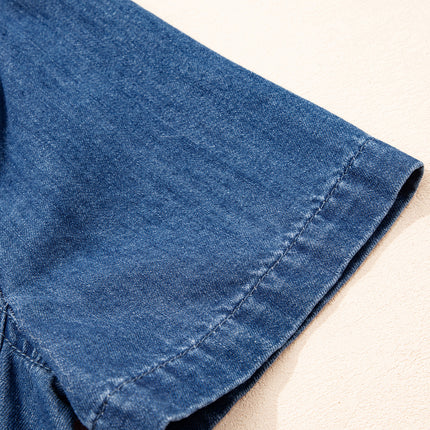 Blue Zip up Collared Short Sleeve Shift Mini Denim Dress