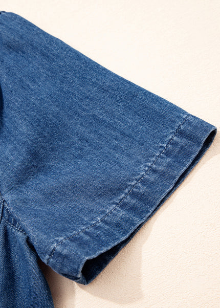 Blue Zip up Collared Short Sleeve Shift Mini Denim Dress