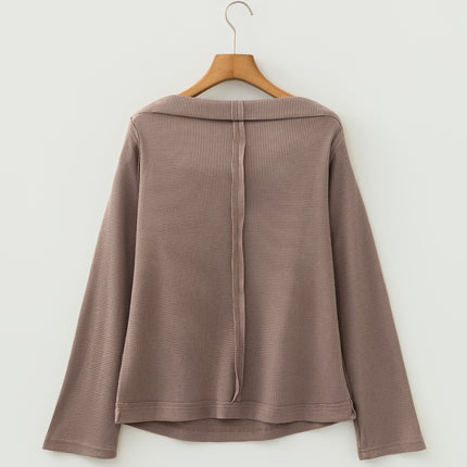 Beige Solid Color Waffle Knit Asymmetric Neck Long Sleeve Top