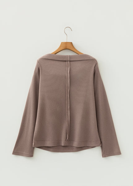 Beige Solid Color Waffle Knit Asymmetric Neck Long Sleeve Top