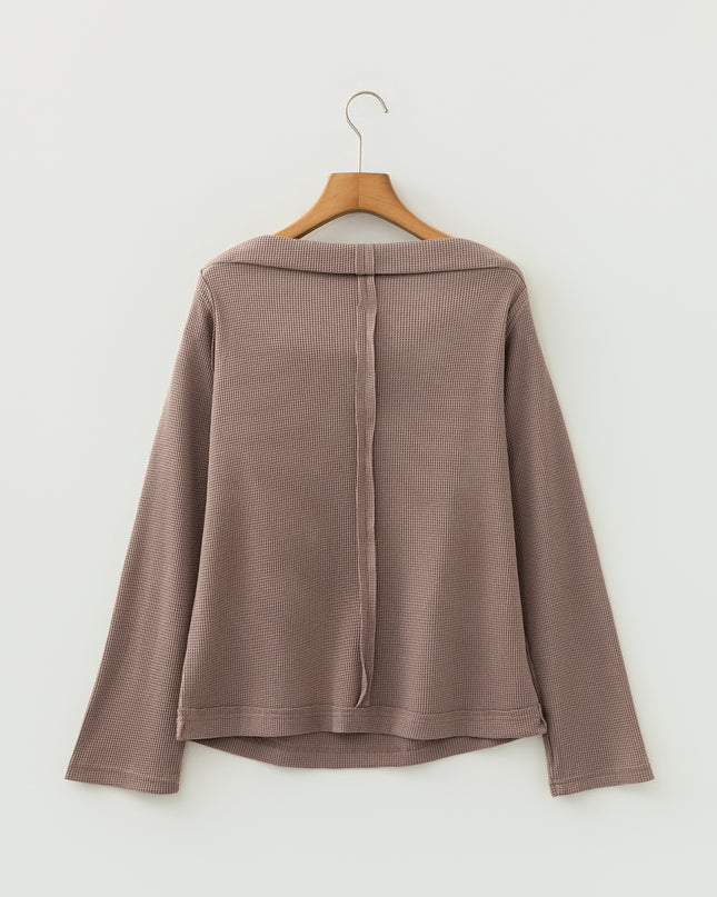 Beige Solid Color Waffle Knit Asymmetric Neck Long Sleeve Top
