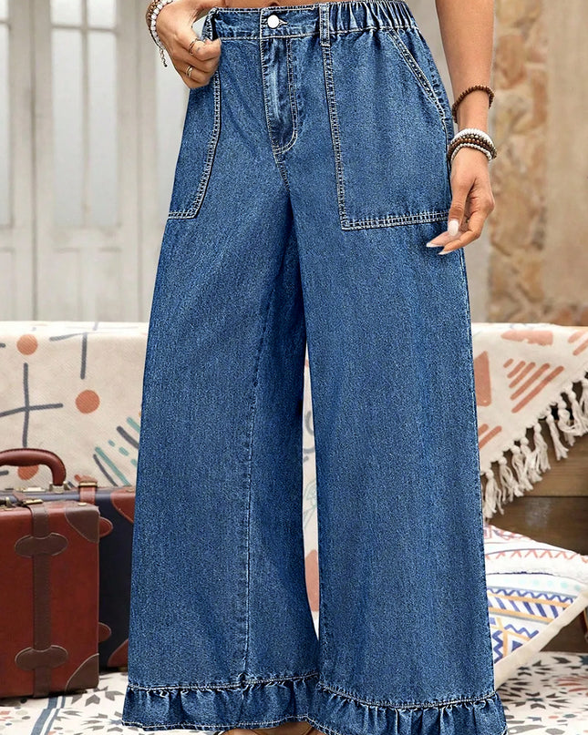 Sail Blue Plus Size Elastic Waist Ruffled Wide Leg Denim Pants