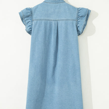 Myosotis Frilled Detail Button Down Ruffle Short Sleeve Denim Mini Dress