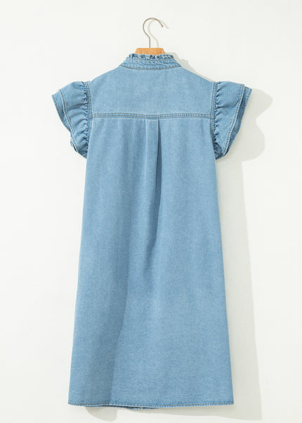 Myosotis Frilled Detail Button Down Ruffle Short Sleeve Denim Mini Dress