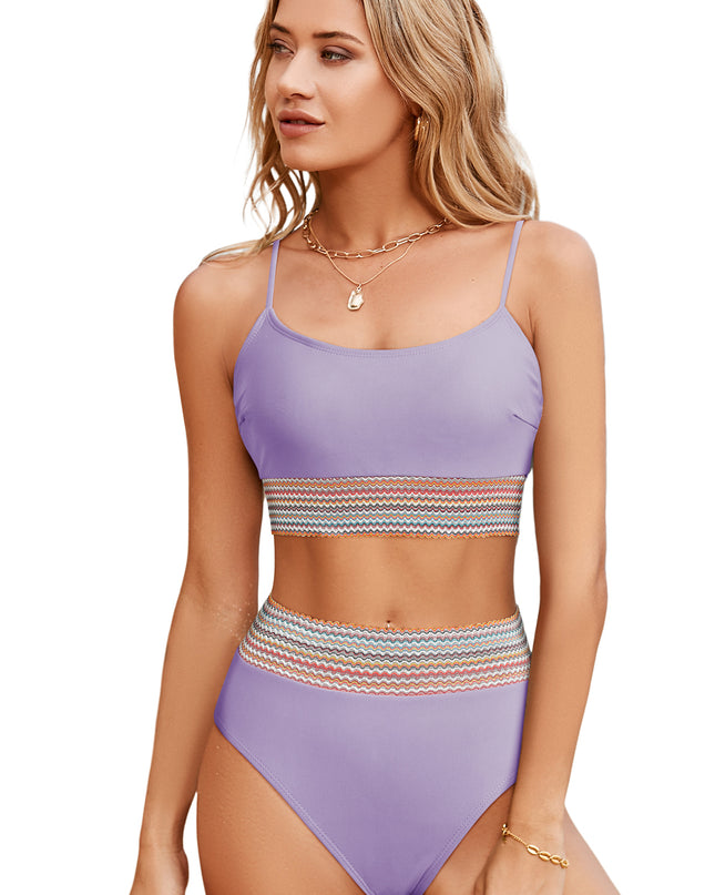 Peach Blossom Striped Patchwork Spaghetti Strap High Waist Bikini Swimsuit