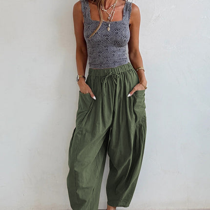 Black Drawstring Elastic Waist Patch Pocket Barrel Leg Casual Pants