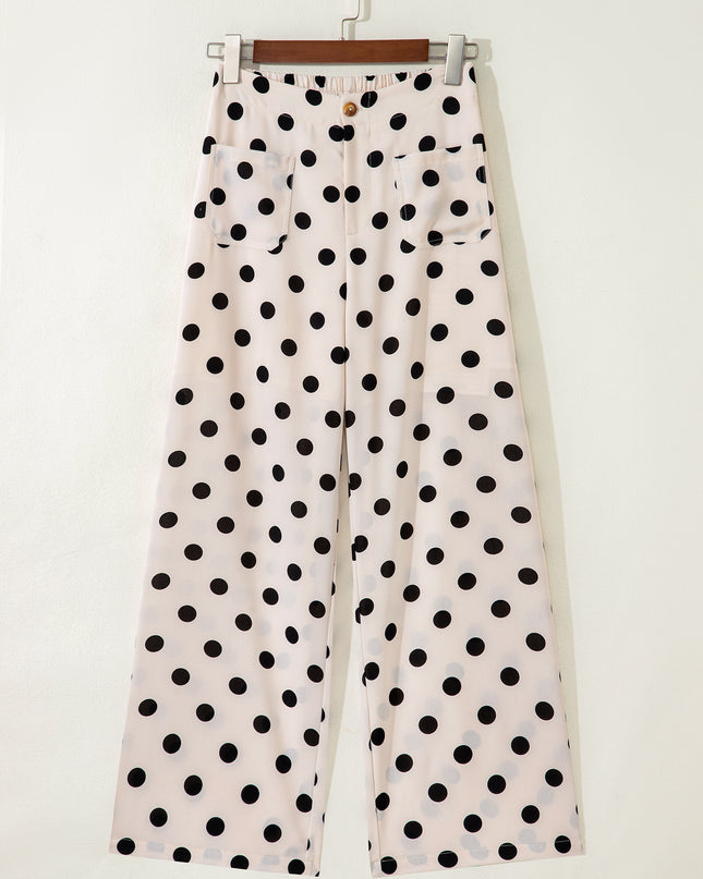 White Polka Dot Print Patched Pocket Loose Pants