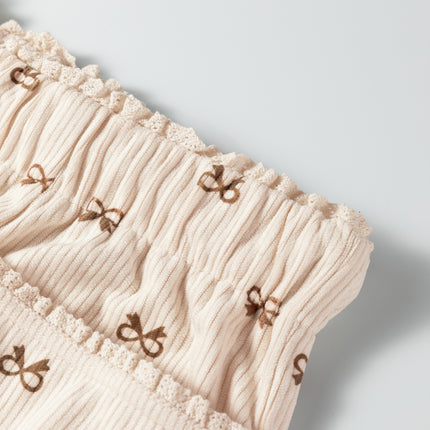 Apricot Bow Print Drawstring Elastic Waist Loose Corduroy Pants