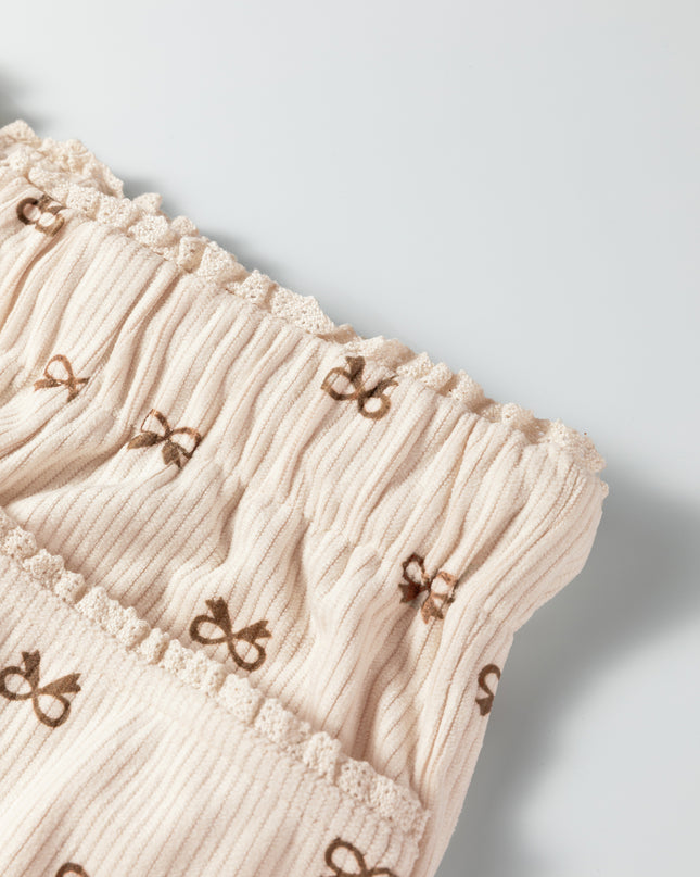 Apricot Bow Print Drawstring Elastic Waist Loose Corduroy Pants