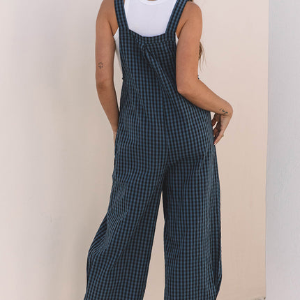 Sail Blue Plaid Print Buttoned Pocketed High Waist Overall