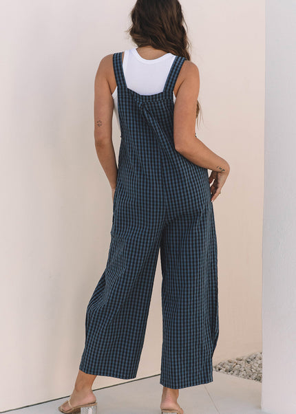 Sail Blue Plaid Print Buttoned Pocketed High Waist Overall