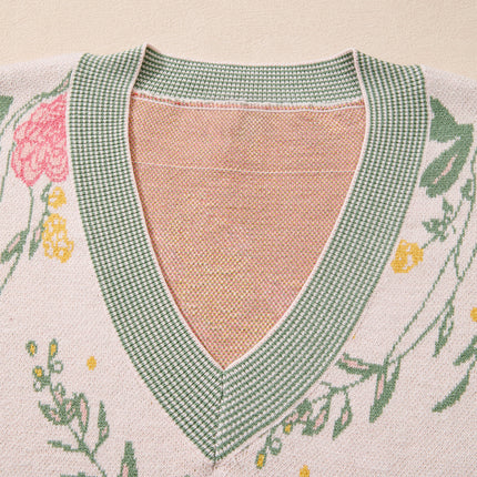 Pink Floral Pattern Striped V Neck Loose Sweater
