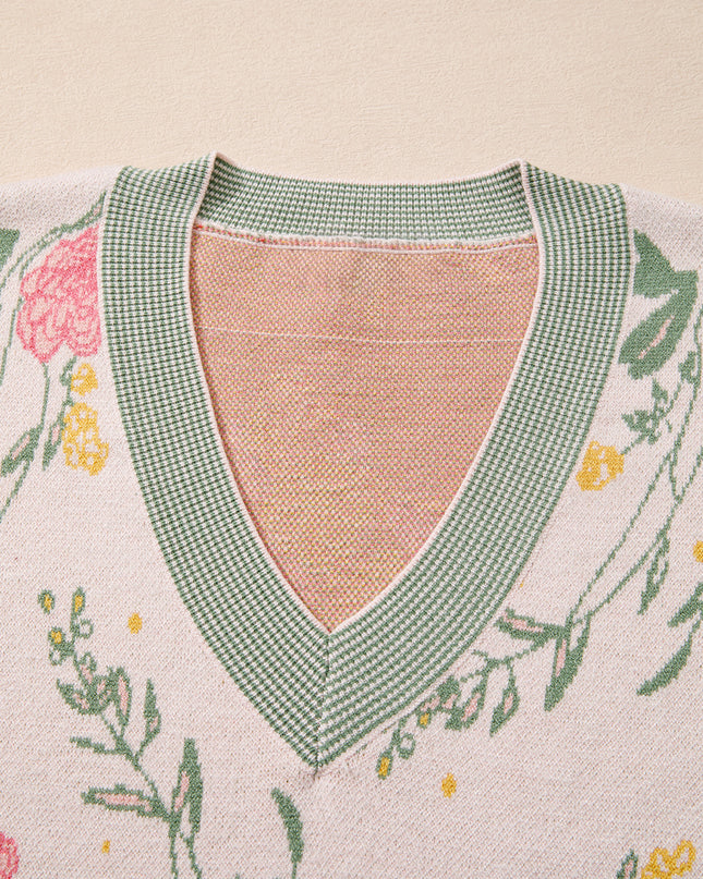 Pink Floral Pattern Striped V Neck Loose Sweater