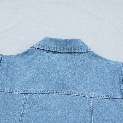 Beau Blue Button Down Short Puff Sleeve Ruffle Hem Patchwork Denim Dress
