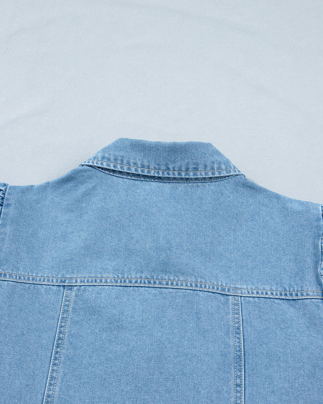 Beau Blue Button Down Short Puff Sleeve Ruffle Hem Patchwork Denim Dress
