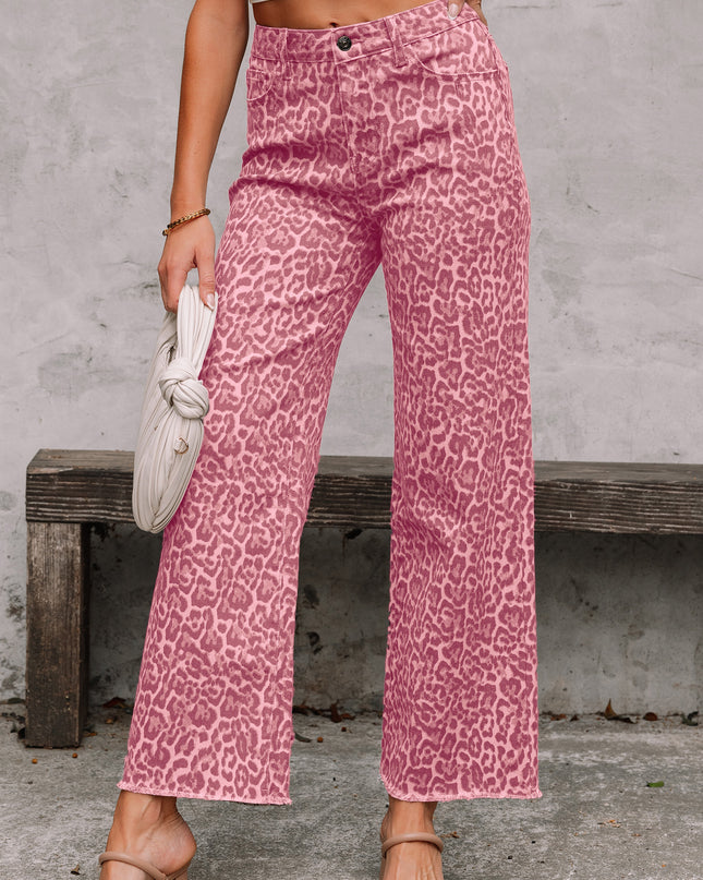 Rose Leopard Frayed Edge Wide Leg High Waist Jeans