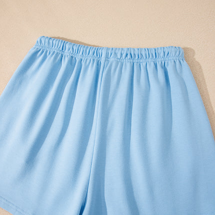 Mint Green V Neck Drop Shoulder Tee and Patchwork Drawstring Shorts Set