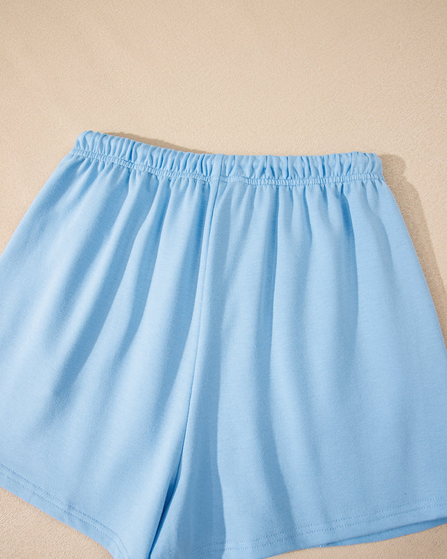 Mint Green V Neck Drop Shoulder Tee and Patchwork Drawstring Shorts Set