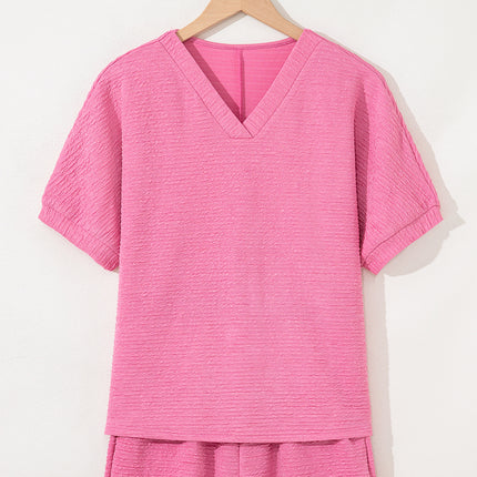 Pink Textured V Neck T Shirt and Shorts Set