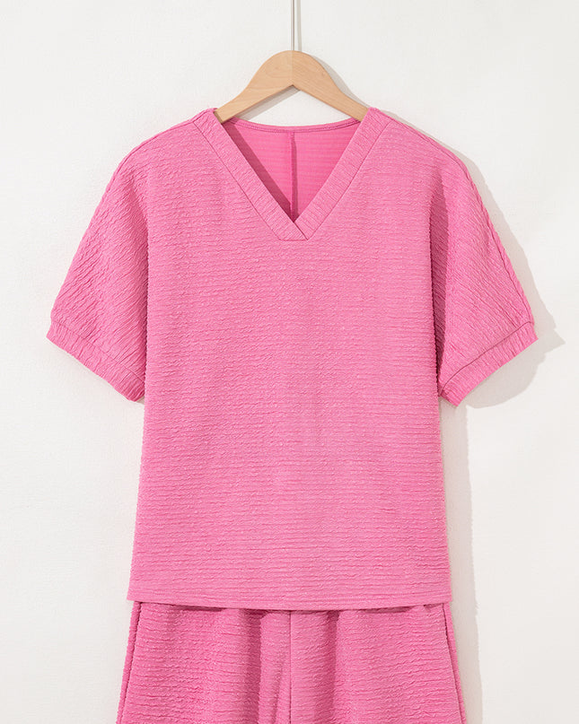 Pink Textured V Neck T Shirt and Shorts Set