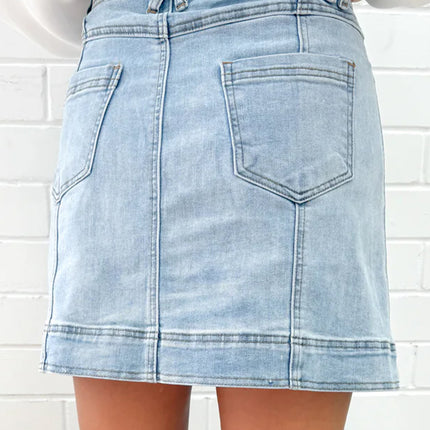 Beau Blue Exposed Seam Detail A-line Denim Mini Skirt with Pockets