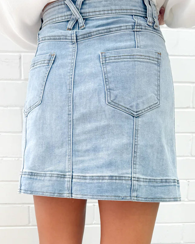 Beau Blue Exposed Seam Detail A-line Denim Mini Skirt with Pockets