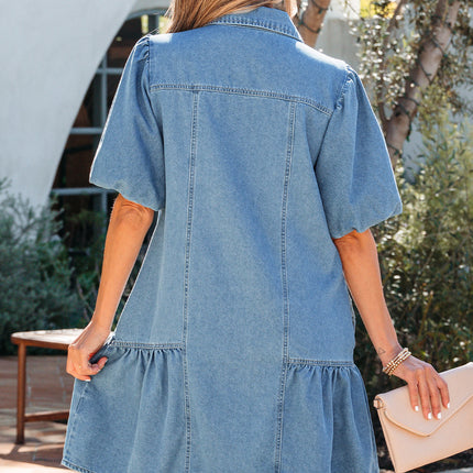 Beau Blue Button Down Short Puff Sleeve Ruffle Hem Patchwork Denim Dress