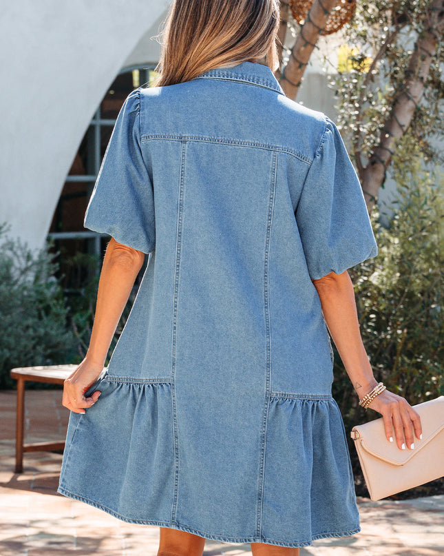 Beau Blue Button Down Short Puff Sleeve Ruffle Hem Patchwork Denim Dress