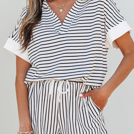 Black Stripe V Neck Tee and Casual Short Set