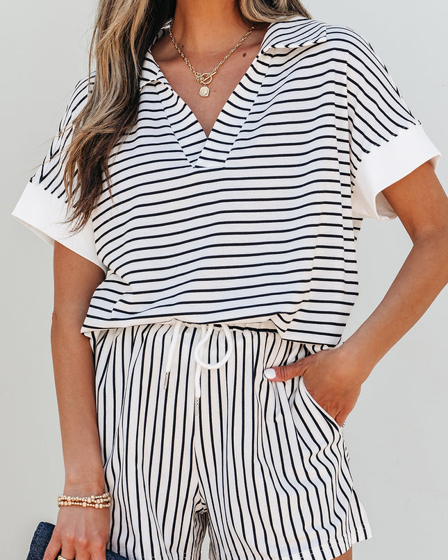 Black Stripe V Neck Tee and Casual Short Set