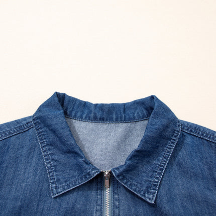 Blue Zip up Collared Short Sleeve Shift Mini Denim Dress